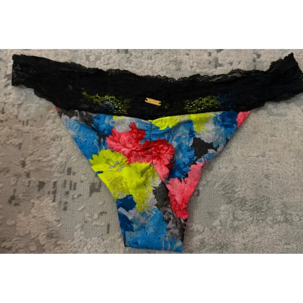 Beach Bunny Swimwear Floral Lace Waist Bikini Bottom Neon Black Medium Ruched M